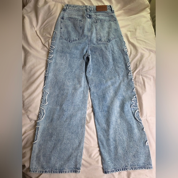 Shein Denimoi Verbiage Frayed Patches Baggy Fit Denim Jeans Nwt - Picture 4 of 5